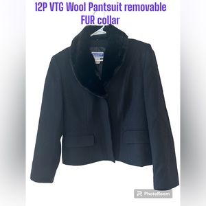 Pendleton Black  100% Virgin Wool lined Blazer Suit Removable Fur Neck 12P VTG
